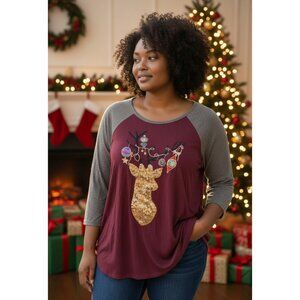 3X Sequined Reindeer Christmas Shirt Top Womens Plus Size by Moa Moa NEW